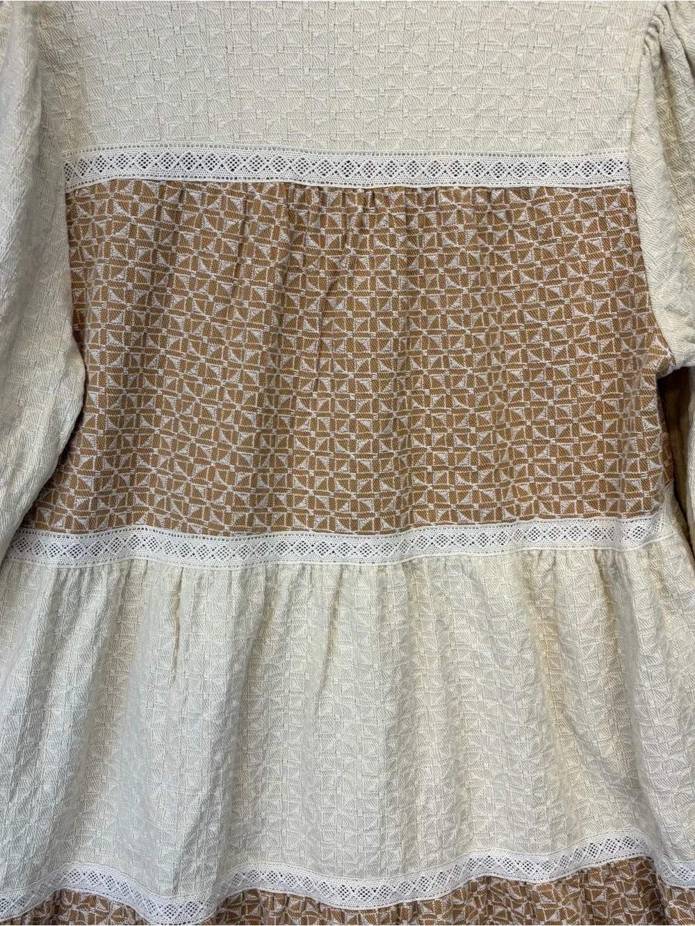LOVELO Embroidered Color Block Collared Dress Cream Tan Med 100% Cotton Boho EUC